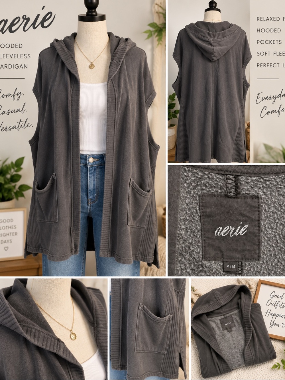 Aerie Gray Charcoal Hooded Sleeveless Cardigan Vest with Pockets